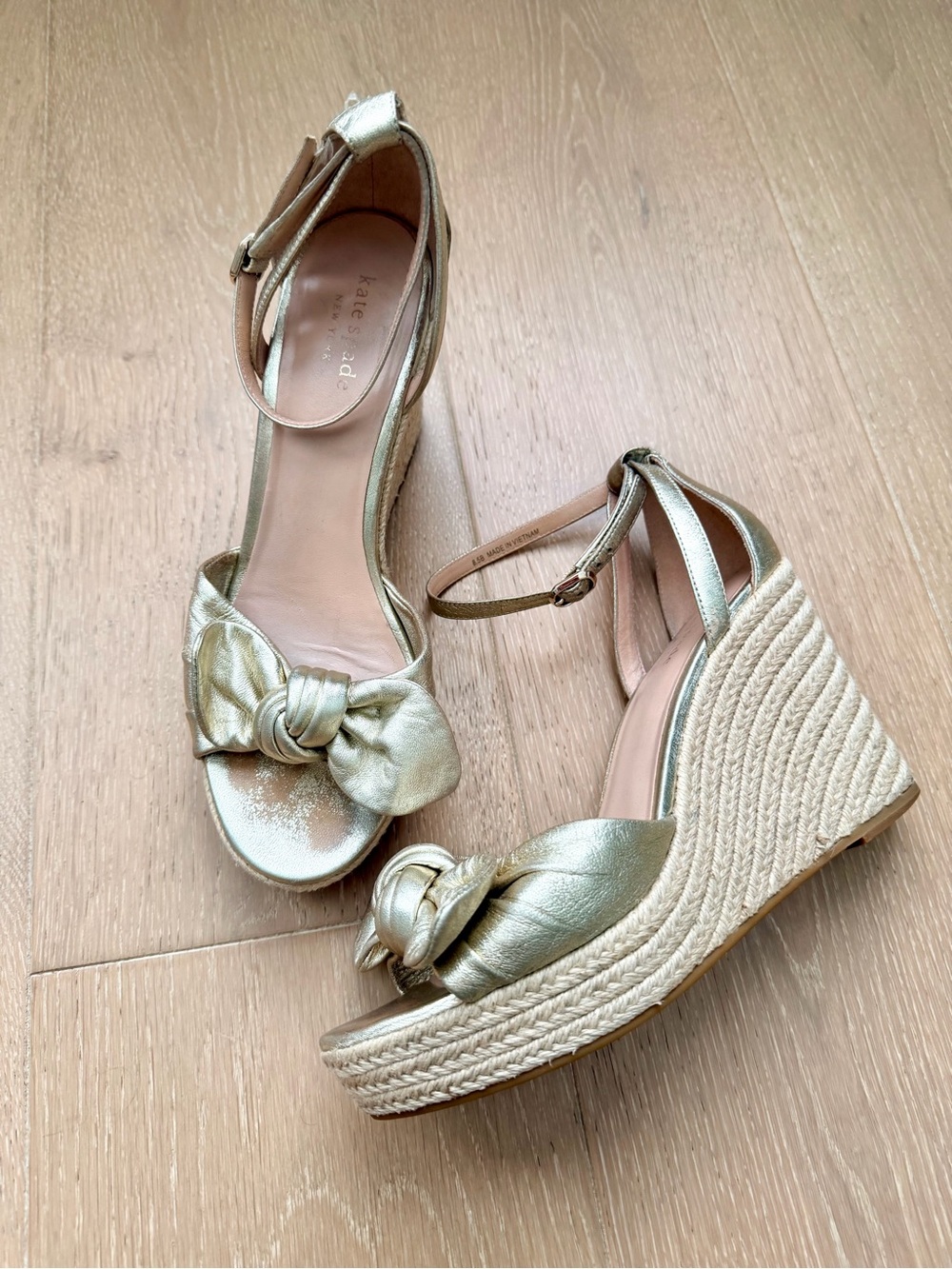 kate spade Metallic Gold Bow Wedge Sandals